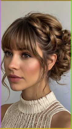 Wedding Hairstyles With Bangs Updo, Fancy Hair With Bangs, Updo Bangs Wedding, Low Updo With Bangs, Bridal Hairstyles Bangs, Wedding Hairstyles With Fringe, Wedding Hairstyles For Bangs, Fringe Wedding Hair