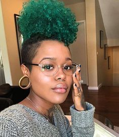 @caringfornaturalhair for all things natural hair + care! #naturalhair Green Afro Hair, Dyed Short Natural Hair, Ig Hairstyles, Green Natural Hair, Shaved Side Hairstyles, Natural Hair Products, Latest Hair Color, Ethnic Hairstyles