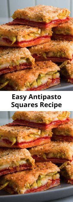 two pictures of sandwiches stacked on top of each other with the words easy antipasto squares recipe below