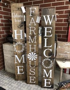 three wooden signs that say welcome to our home