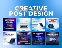 an ad for creative post design featuring laptops and other electronic devices on blue background