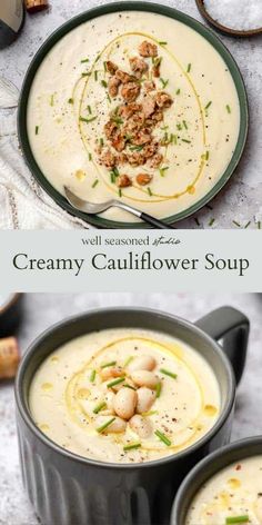 creamy cauliflower soup in a black pot with two spoons on the side