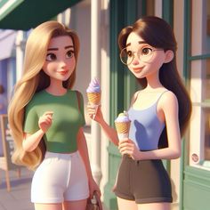 two animated women standing next to each other holding ice cream cones