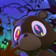 a cartoon bear with big eyes standing in front of a tree and looking at something