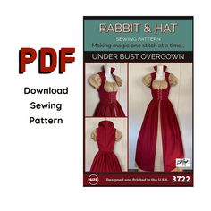 "Rabbit and Hat Sewing Pattern 3722 UNDER BUST OVER-GOWN (The under puff sleeve chemise gown pattern is NOT INCLUDED. It can be purchased separately. Pattern 3822.) THIS IS A PDF PATTERN - YOU WILL DOWNLOAD IT AFTER PURCHASE Print on 8.5 x 11\" paper at 100% scale with no margins. You will be downloading 3 files ** My patterns are hand drafted**  (Sorry I'm not a computer genius, I do things the simple way) 1. Instructions 2. Step by step photos 1-4 PAGES 3. Step by step photos 5-8 PAGES 4. Bodice pattern pieces 5. Skirt pattern pieces PATTERNS ARE SOLD BY INDIVIDUAL SIZE, PLEASE MAKE SURE YOU ARE BUYING THE CORRECT SIZE LISTED IN THE ITEM TITLE. IF YOU HAVE QUESTIONS, PLEASE MESSAGE ME. Medieval Under Bust Over-Gown ONLY. I've tried to make this as simple as possible and I'm making these Costume Viking, Hat Sewing Pattern, Hat Sewing, Costumes Pictures, Cloth Pattern, Bodice Pattern, Hat Patterns To Sew, Gown Pattern, Pattern Steps