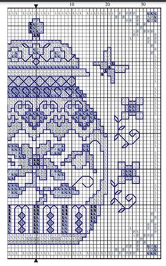 the cross stitch pattern is shown in blue and white, with an image of a vase on