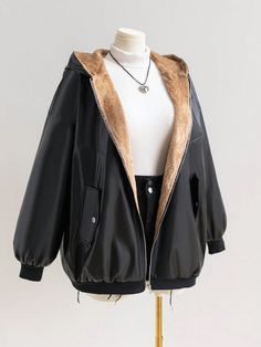 Plus Size Women's Autumn/Winter PU Leather Drop Shoulder Hooded Black Jacket Multicolor Casual  Long Sleeve Woven Fabric Colorblock,Plain Other Non-Stretch  Women Plus Clothing, size features are:Bust: ,Length: ,Sleeve Length: Hooded Leather Jacket For Outdoor Fall, Hooded Leather Jacket For Cold Fall Weather, Leather Jacket With Double-lined Hood For Cold Weather, Hooded Leather Jacket With Pockets For Cold Weather, Winter Leather Jacket With Double-lined Hood, Trendy Winter Parka With Double-lined Hood, Hooded Leather Jacket For Fall, Hooded Leather Jacket With Double-lined Hood For Fall, Hooded Leather Jacket With Double-lined Hood For Cold Weather