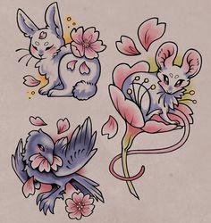 an image of tattoos with animals and flowers on them