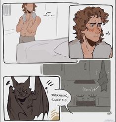 a comic strip with an image of a man in bed and a bat on his chest