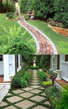 two pictures side by side of a brick path and the same photo with grass growing on it