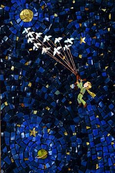 a blue mosaic with white birds flying in the sky and holding onto strings that are attached to string