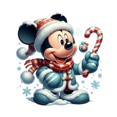 a cartoon mickey mouse holding a candy cane