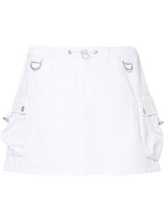 white cotton denim D-shape silver-tone hardware two side cargo pockets logo patch to the side thigh-length elasticated drawstring waistband White Cotton Mini Cargo Skirt, Summer White Cargo Skirt With Pockets, White Cotton Cargo Skirt With Pockets, Casual White Cotton Cargo Skirt, White Cotton Mini Skirt With Pockets, Casual White Cargo Skirt, Mini Skirt White, Cargo Mini Skirt, Denim Cargo