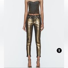 Reposhing This Item I Purchased From @Bloomrosy01964. Loved These Pants, Put They Were Too Small. They Have Stretch Also. Questions? Leave A Comment Below! Faux Leather Jeans, Zara Gold, Tapered Leg Jeans, Metallic Fabric, Zara Jeans, Jeans Color, Premium Denim, Colored Jeans, Distressed Denim