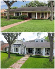 before and after photos of a house in the same area, with grass growing on both sides