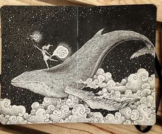 a drawing of a girl riding on the back of a humpback whale in space