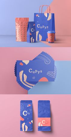 the packaging design for cupys is shown in three different colors and sizes, including blue