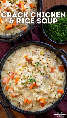 two black pans filled with chicken and rice soup on top of a wooden table