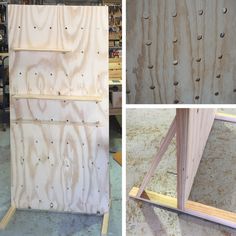 three different views of plywood panels with holes in them