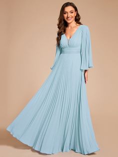 This custom size floor-length chiffon evening dress features a stunning deep V-neck design. The A-line silhouette is complemented by delicate ruffle sleeves, creating a timeless and sophisticated look perfect for any formal occasion. Length: Floor length. Sleeve Style: Long sleeves. Closure: It is concealed a zipper up the back. Undergarments: It is padded, with lining. Fabric:The garment comprises Chiffon. Stretch: Fabric is no stretch. Light Blue V-neck Evening Gown, Elegant Light Blue Chiffon Maxi Dress, Chiffon V-neck Gown For Gala, Elegant Light Blue V-neck Evening Dress, Blue V-neck Maxi Dress With Pleated Bodice, Light Blue V-neck Maxi Dress For Wedding, Elegant Light Blue V-neck Maxi Dress, Light Blue Flowy Chiffon Dress With V-neck, Light Blue Chiffon Maxi Dress For Evening