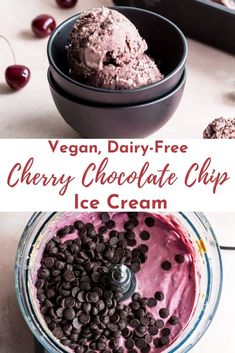 a bowl filled with ice cream and chocolate chips next to a bowl full of cherries