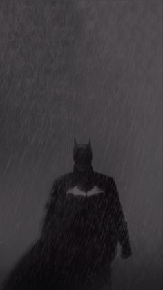 a man in a batman costume walking through the rain with his cape up and cat mask on