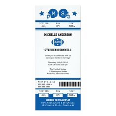 a ticket for the football game is shown in blue and white with stars on it