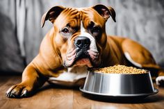 a brown and white dog eating food out of a silver bowl on top of a wooden floor