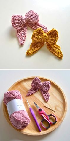 crocheted bows and yarn on a wooden plate