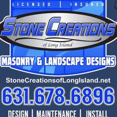 the stone creations logo and business card for masonry & landscape designs, with blue background