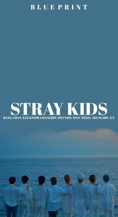 the poster for stray kids, which features four men standing in front of an ocean