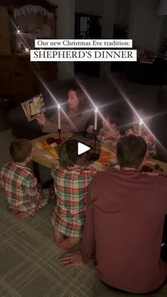 a group of people sitting around a table with food in front of them and the words shepherd's dinner on it