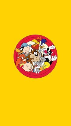 an image of cartoon characters in a red and yellow circle on a yellow background,