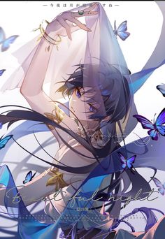 an anime character with blue hair and butterflies around her