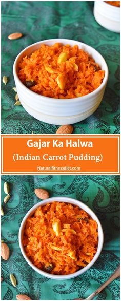 two bowls filled with food and the words gajar ka halwa written in orange