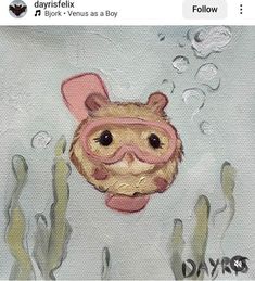 a painting of an animal wearing a pink hat and goggles in the seaweed