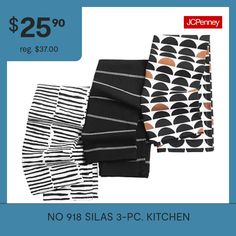 three pieces of black and white patterned kitchen towels with the price $ 25 99 each