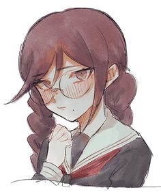 a drawing of a girl with long hair and brown eyes, wearing a school uniform