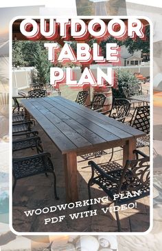 an outdoor table plan is shown with chairs and tables in front of the sign that says woodworking plan pdf with vgo