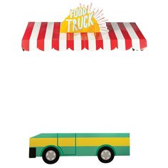 a green and yellow truck under a striped awning