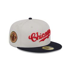 The Chicago Cubs Coop Logo Select 59FIFTY Fitted Cap features an embroidered Cubs wordmark at the front panels with a matching alternate team wordmark above a Cooperstown MLB Batterman logo at the rear. Additional details include a 1908 World Series patch at the right-wear side, a navy visor, and a gray undervisor. Coop Logo, Anaheim Ducks, Utah Jazz, Toronto Blue Jays, Chicago Blackhawks, New York Rangers, New Era 59fifty, Fitted Caps, Texas Rangers