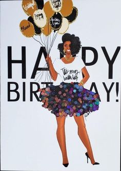 a birthday card with a woman holding balloons