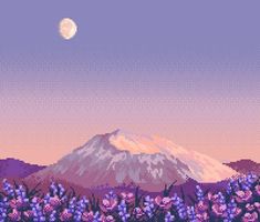 an old - school pixel art landscape with mountains and flowers in the foreground at dusk