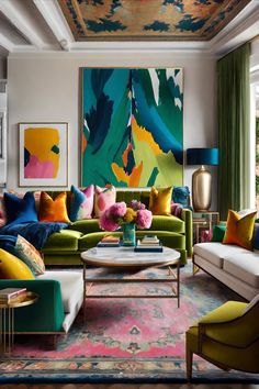 a living room filled with lots of furniture and colorful paintings on the wall above it