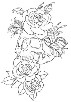 a drawing of a skull with roses on it