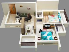 an overhead view of a two bedroom, one bath apartment with living room and dining area