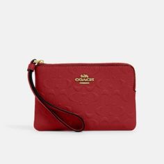 Signature Smooth Calf Leather Two Credit Card Slots Zip-Top Closure, Fabric Lining Wrist Strap Attached 6 1/4" (L) X 4" (H) X 1/2" (W) Style No. 67555 Elegant Red Wristlet, Elegant Red Rectangular Wristlet, Coach Red Bifold Wallet, Red Coach Wallets With Interior Card Slots, Red Coach Wristlet With Wrist Strap, Coach Red Wristlet With Wrist Strap, Red Coach Wallet, Coach Red Rectangular Wallet, Red Coach Wristlet With Zipper Closure