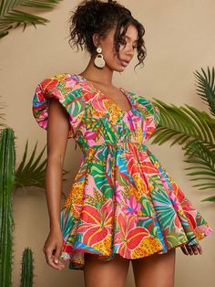 SHEIN VCAY Tropical Print Butterfly Sleeve Dress | SHEIN USA Short Tropical Dress, Beach Town Outfits, Tropical Outfits For Women, What To Wear In Jamaica, Tropical Dress Outfit, Tropical Castle, Bach Party Outfit, Window Merchandising, Backless Outfits