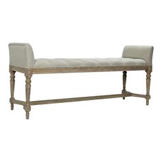 a white bench with an upholstered back and seat cushion on the bottom half