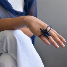 Twix statement ring, Adjustable ring, Art ring, Fashion ring, Contemporary ring, Unusual ring, Bohemian ring, Mesh ring, Big light ring Gorgeous and unusual statement artistic ring in navy blue crystal glass combo.  Contemporary fashion ring. Ring is breathable light and comfortable to wear, size is adjustable. Please send me a message if you have any questions or doubts. I will gladly answer to you. Search out my shop maybe you will find something for your loved ones or for you. Best regards Ivana. Handmade Elegant Butterfly Promise Ring, Unique Adjustable Open Butterfly Ring, Elegant Adjustable Crystal Ring For Party, Elegant Adjustable Blue Flower Ring, Elegant Blue Adjustable Flower Ring, Elegant Adjustable Ring With Unique Design, Unique Adjustable Crystal Ring For Party, Unique Party Jewelry Ring, Unique Party Ring Jewelry